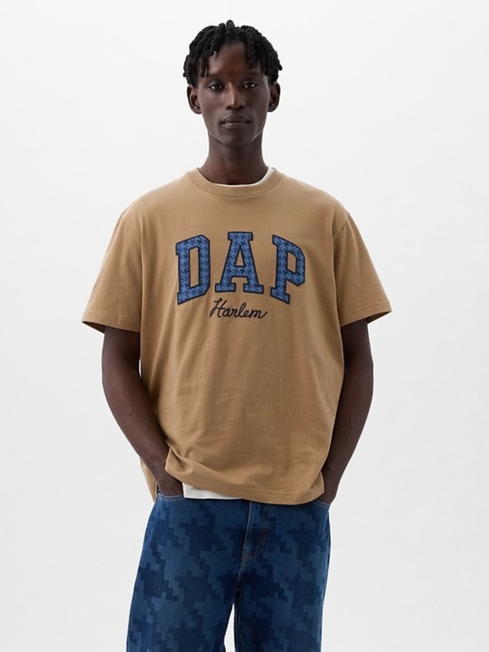GAP Tan Graphic 'DAP Harlem' Short Sleeve Tee with Blue Lettering